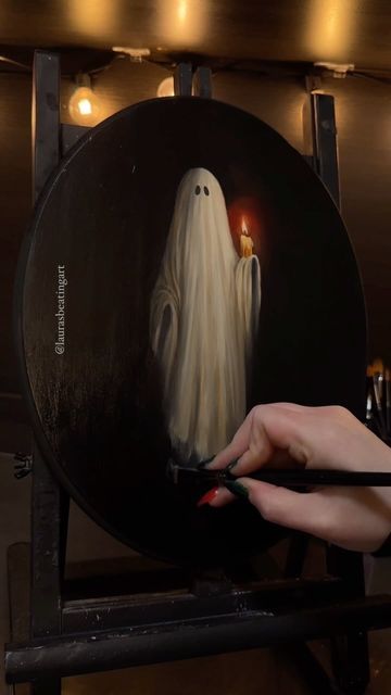 Oil Painting Ghost, Spookie Paintings, Witch Painting Ideas On Canvas, Spooky Sip And Paint Ideas, Ghost With Candle, Ghost Portrait Painting, Ghost Oil Painting, Harry Potter Acrylic Painting Easy, Halloween Aesthetic Painting