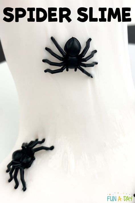 Explore science and sensory input with this easy spider slime. You don't need too many materials to make it. It's perfect for a spider theme or during your Halloween activities. Click on the Fun-A-Day.com link for more details. Halloween Literacy, Halloween Activities Preschool, Spider Theme, Slime Recipes, Halloween Sensory, Sensory Input, Halloween Science, Early Learning Activities, Halloween Preschool