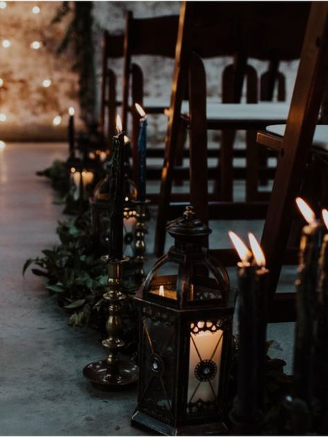 Dark Wedding Aisle, Wedding Isles Decoration Moody, Moody Wedding Dress White, Goth Woods Wedding, Goth Wedding Aisle Decor, Dark Moody Wedding Ceremony, Goth Wedding Aisle, Dark And Moody Wedding Ideas, Moody Speakeasy Wedding