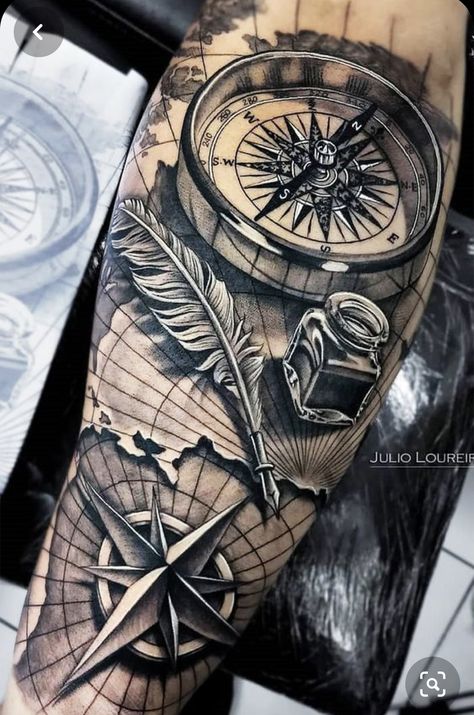 Nautical Tattoo Sleeve, Pirate Tattoo, Octopus Tattoos, Tattoos Sleeve, Compass Tattoo Design, Map Tattoos, Men Tattoos Arm Sleeve, Cool Arm Tattoos, Cool Forearm Tattoos