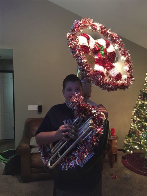 Tuba Christmas Decoration for the Christmas Parade Christmas Trumpet Decoration, Marching Band Christmas Parade, Christmas Instruments, Instrument Decor, Christmas Concert Ideas, Marching Band Memes, Band Christmas, Marching Band Humor, Band Jokes