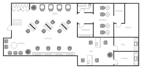 I think this design is interesting. I like the way the tables are set up. Although, since this is going to be a nail salon, the hair dryers could be the nail drying station, the chairs in the middle could be for manicures and the room in the back where the shampooing is could be where the pedicures take place. Salon Floor Plan, Desain Salon Kuku, Spa Layout, Salon Layout, Acrylic Nail Art Designs, Botanical Interior, Hairdresser Salon, Hair Salon Design, Hair And Nail Salon