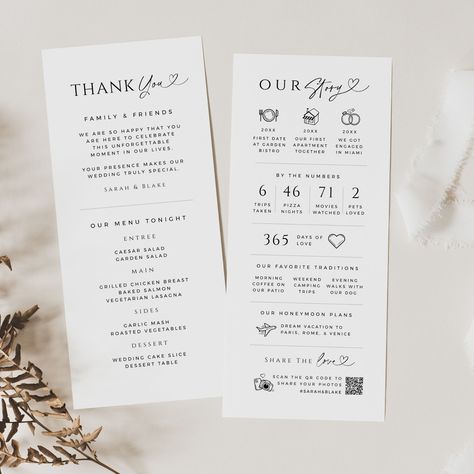 Wedding Fun Facts Card, Menu and Thank You Place Setting, Infographic Timeline Story, Share the Love QR Code, INSTANT DOWNLOAD, White, WED04 Reception Thank You Place Settings, Wedding Thank You Place Setting, Wedding Fun Facts, Love Qr Code, Qr Code Template, Infographic Timeline, Wedding Infographic, Timeline Infographic, Event Program