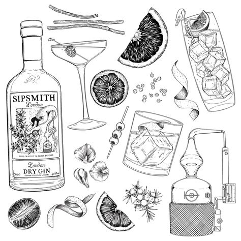 Sipsmith Gin Cocktail Book on Behance Gin Botanicals Illustration, Jameson Bottle Tattoo, Gin Bottle Illustration, Gin Bottle Tattoo, Gin Tattoo Ideas, Negroni Tattoo Ideas, Old Fashioned Cocktail Tattoo, Gin Tonic Tattoo, Cocktails Tattoo