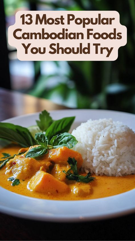 A plate of traditional Cambodian Amok curry served with steamed rice and fresh herbs, showcasing vibrant colors and rich flavors. Cambodia Food Recipes, Cambodian Food Traditional, Cambodian Dishes, Cambodia Food, Cambodian Food, Thai Foods, Foods To Try, Asian Flavors, Diet Foods