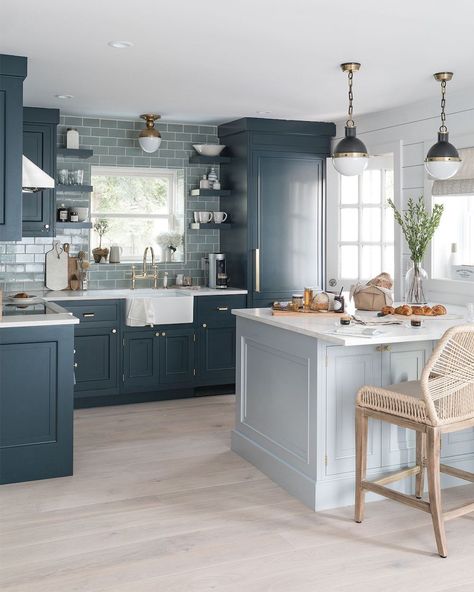 The Modern, Nautical House of Your Beach Home Dreams Blue Kitchen Designs, Blue Kitchen Cabinets, Beach House Kitchens, Blue Cabinets, Coastal Kitchen, Gorgeous Kitchens, Grey Kitchens, Blue Kitchen, Blue Kitchens