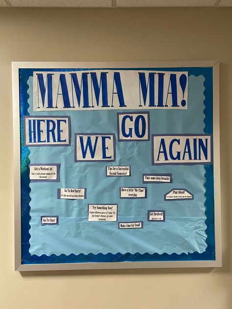 College Bulletin Board Ideas Resident Assistant, Wellness Ra Bulletin Boards, Conflict Resolution Bulletin Board, Mamma Mia Bulletin Board, Ra Door Sign, Second Semester Bulletin Boards, Ra Hall Ideas, Ra Welcome Board, Ra Welcome Back Bulletin Boards