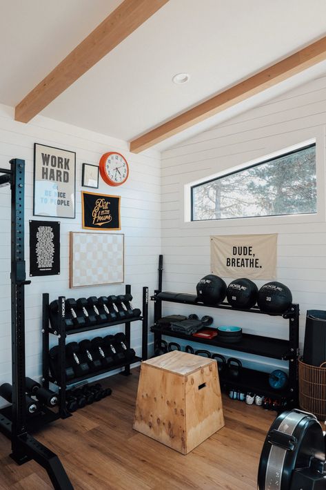 Our New Home Gym (separate building in backyard) - Nesting With Grace Home Gym Laundry Room Combo, Basement Work Out Room, Basement With Workout Area, Minimalist Workout Room, Summer House Gym, Diy At Home Gym Ideas, Mini Workout Room, Small Workout Room Ideas At Home, She Shed Workout Space