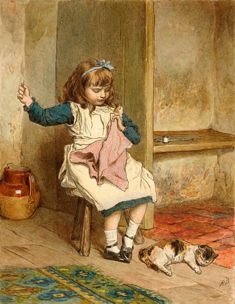 Niña cosiendo... Cross Stitch Supplies, Illustration Vintage, Art Et Illustration, Couture Vintage, Cat Sleeping, Sewing Art, Mail Art, Vintage Pictures, Vintage Cards