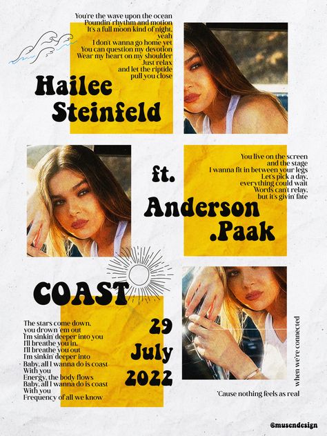 Poster design Hailee Steinfeld Wallpaper Iphone, Coast Hailee Steinfeld, Hailee Steinfeld Poster, Hailee Steinfeld Songs, Ella Hunt, Anderson Paak, Print Design Art, Texture Graphic Design, Picture Collage Wall