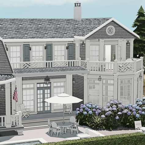 Bianca / #builds Hamptons Architecture, Coastal Patio, Building A Swimming Pool, Coastal Architecture, Stone Chimney, Shingle Style Homes, Hydrangea Colors, Suburban House, Sims 4 Build