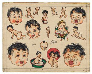 A variety of baby tattoos from H&R Studios in the US in 1956 History Drawings, Vintage Tattoo Design, Surreal Tattoo, History Tattoos, Retro Tattoos, History Posters, Traditional Flash, History Notes, Flash Tattoo Designs