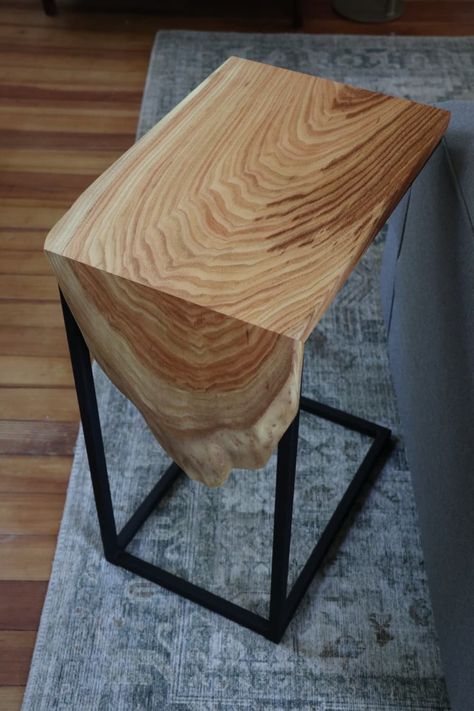 This listing is for one, C-base side table. This table will fit right under your couch or chair. Featured table is created using a single slab of honey locust with a satin finish. The honey locust cascades down the edge of the table to create a "waterfall" effect.  Contact us directly about any specific details you had in mind for your purchase.  Free shipping! This product is in stock. and ships out within 2-5 business days.  The table legs are made with a flat black paint. We use only American Wood Slab Table, Honey Locust, Artisanal Design, Slab Table, C Table, Cnc Wood, Farm Design, Pallet Furniture Outdoor, Sustainable Furniture