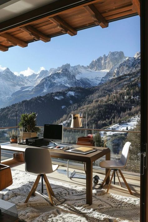 70 Stunning Home Offices with Mountain Views Home Office Mountain View, Dream House Mountains, Home Office With View, Desk Aesthetic Inspiration, Men Stickers, Mountain View Home, View Mountain, Cozy Workspace, Cozy Office