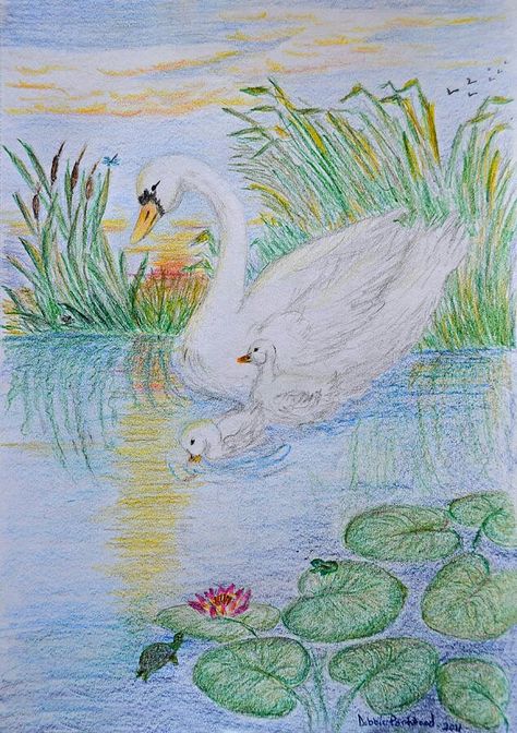 Swans in lake Swan Drawing, Pencil Project, Colored Pencil Art Projects, Drawing Classes, Sky Art Painting, Colored Pencil Drawing, Birthday Happy, Sky Art, Color Pencil Art