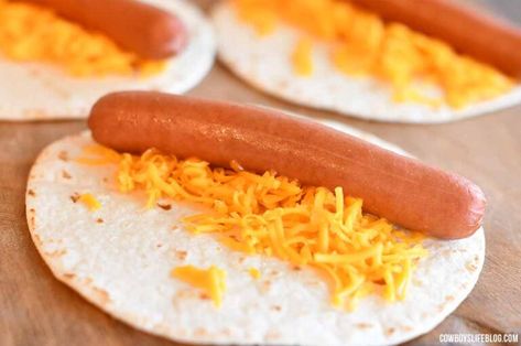 Tortilla Hot Dog Wraps - A Cowboys Life Hot Dog In Tortilla Wraps, Summer Break Food Ideas, Hot Dog Wraps Tortillas, Tortilla Hot Dog Wraps, Hot Dog Wrap, Hot Dog Tortilla, Hot Dog Dinner Ideas, Hot Dog Wraps, Recipes Tortilla