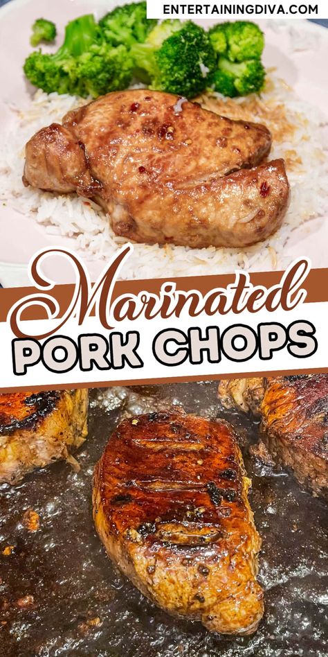 Marinated Thick Cut Pork Chops With Soy Sauce & Brown Sugar | Dinner Party Pork Chops With Soy Sauce, Thick Pork Chop Recipe, Thick Cut Pork Chops, Marinated Pork Chops, Pork Chop Recipe, Easy Pork Chops, Easy Pork Chop Recipes, Jello Shot, Marinated Pork