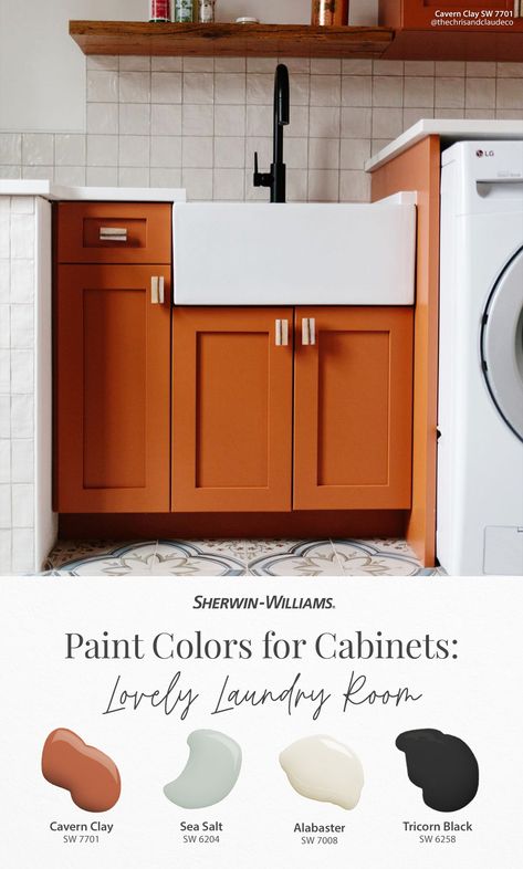 Give your laundry room cabinets a colorful makeover with this fun paint palette from Sherwin-Williams. Go bold with Cavern Clay SW 7701, or keep things neutral with Sea Salt SW 6204, Alabaster SW 7008, or Tricorn Black SW 6258. Love these hues? Tap this pin to order free color chips and have them delivered in the mail! Thanks for sharing your #SWColorLove, @thechrisandclaudeco (on Instagram). #sherwinwilliams #laundryroom #paint #colorinspiration #diy #interiordesign #decor Orange Cabinets Makeover, Orange Bathroom Cabinets, Orange Laundry Room Ideas, Rust Orange Bathroom Vanity, Light Orange Kitchen Cabinets, Black Orange Kitchen, Burnt Orange Laundry Room, Orange Cabinets Bathroom, Rust Orange Kitchen Cabinets