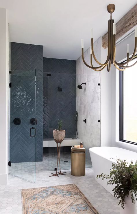 20 Modern Shower Ideas to Start Your Mornings in Style Large Shower No Door, Light Blue Shower Tile Ideas, Showers With Blue Tile, Marble Master Shower Ideas, Shower Staging Ideas, Shower Remodel Large Tile, Bath In Front Of Shower Wall, Small Tiled Bathroom Ideas, Shower Waterfall Tile Ideas