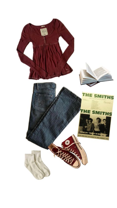 Outfits With Burgundy Converse, The Smiths Outfit Style, Autumn Red Outfit, Outfits To Wear To A Musical, Lily Evans Inspired Outfits, Downtown Girl Autumn Outfits, Autumn Outfits Downtown Girl, Lorelai Gilmore Aesthetic Style, Twilight Converse