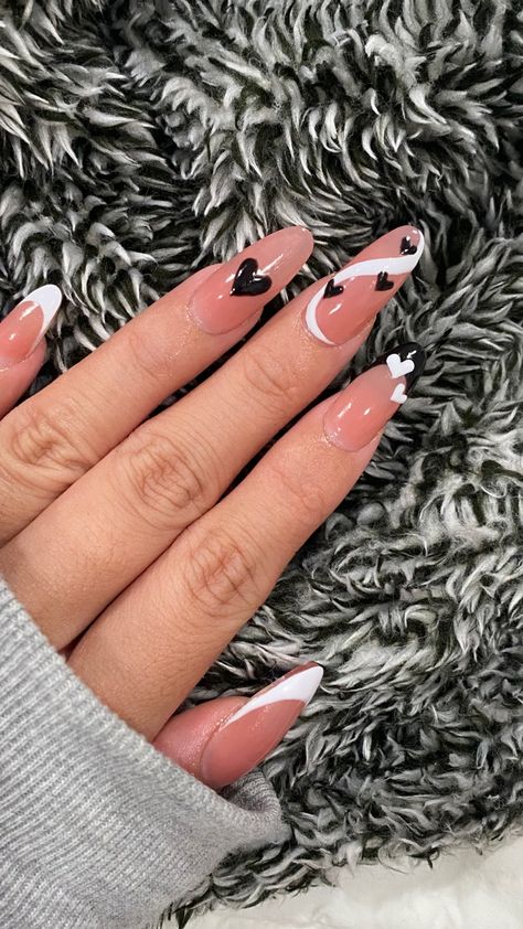 Black And White Valentine Nails, Black And White Heart Nails, Cute Simple Valentines Nails, Valentines Nails Black, Neutral Valentines Nails, French Tip Nails Black, Simple Valentines Nails, Nail Shaped, Black French Tip Nails