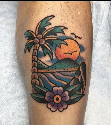 Old school beach tattoo Dumbest Tattoos, Barcode Tattoo, Tattoo Over Scar, Optical Illusion Tattoos, Illusion Tattoos, Traditional Tattoo Inspiration, Palm Tattoos, Palm Tree Tattoo, Beach Tattoo