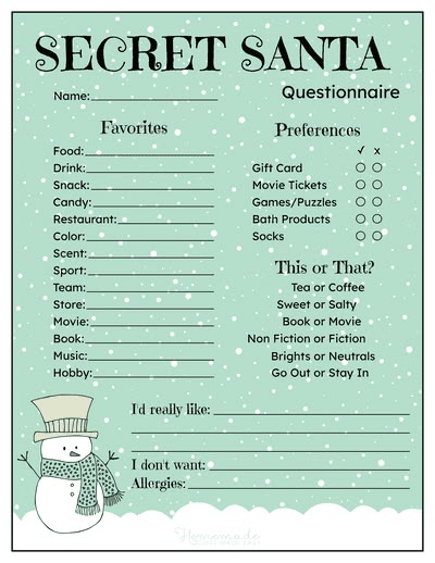 Secret Santa Form Snowman Snowing Secret Santa Week Themes, Secret Santa Theme Ideas, Work Christmas Activities, Free Printable Secret Santa Questionnaire For Coworkers, Secret Santa Questionnaire Free Printable, Secret Santa Party Ideas, Secret Santa List Template, Secret Santa Letter, Secret Santa Themes