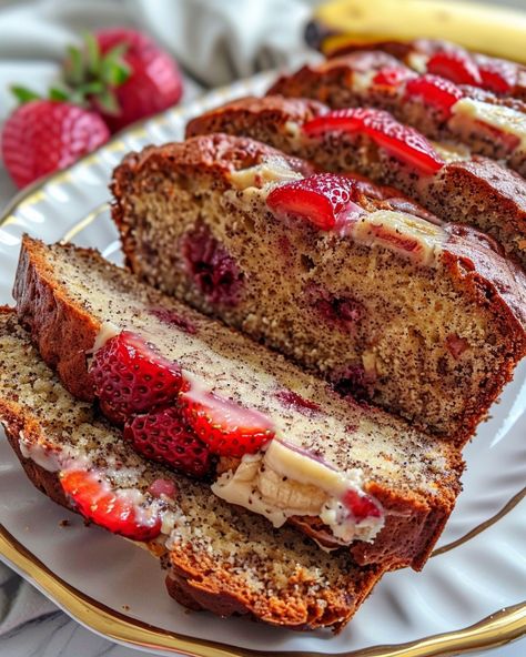 STRAWBERRY CREAM CHEESE BANANA BREAD 🍓🍌🍞 Ingredients: For the Bread: 2 cups all-purpose flour 1 teaspoon baking soda 1/2 teaspoon salt 1/2 teaspoon ground cinnamon 1/4 teaspoon ground nutmeg 1/2 cup unsalted butter, room temperature 1 cup granulated sugar 2 large eggs 1 teaspoon vanilla extract 4 ripe bananas, mashed 1 cup fresh strawberries, chopped For the Cream Cheese Swirl: 8 oz cream cheese, softened 1/4 cup granulated sugar 1 large egg 1 teaspoon vanilla extract Directions: Step 1:... Cream Cheese Banana Bread, Cream Cheese Swirl, Banana Bread Ingredients, Strawberry Cream Cheese, Bread Ingredients, Ripe Bananas, Strawberry Cream, Ground Nutmeg, Fresh Strawberries