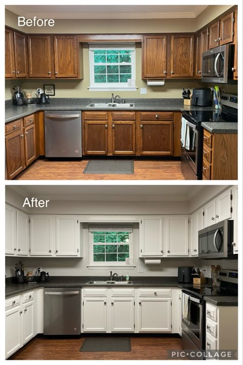 Before and After Painted Kitchen Cabinets Wood Cabinets Painted White, Brown Cabinets Painted White, Kitchen Repaint Before And After, Painting Kitchen Cabinets White Before And After, Repainted White Kitchen Cabinets, Painted Old Kitchen Cabinets Before And After, Painted White Oak Kitchen Cabinets, White Painted Oak Cabinets, Old Kitchen Cabinet Makeover Paint