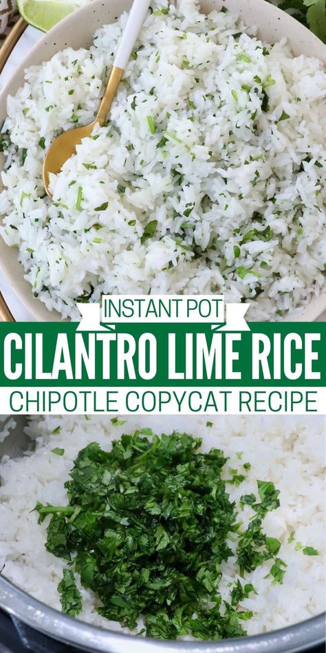 cilantro lime rice in a bowl with a spoon and chopped cilantro with cooked rice in an Instant Pot Instant Pot Cilantro Lime Rice, Carne Asada Burrito, Chipotle Rice, Chipotle Copycat Recipes, Cilantro Lime Rice Recipe, Lime Rice Recipes, Cilantro Rice, Healthy Budget, Sweet Pork