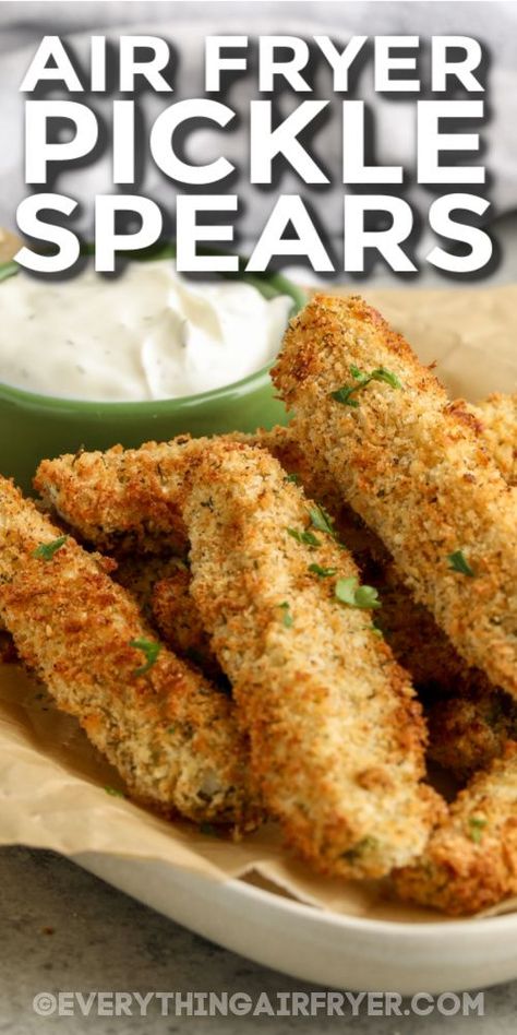 These air fryer pickle spears are a quick and easy appetizer or snack. In this recipe, pickles are cut, breaded with crispy panko bread crumbs, and then fried in the air fryer. These are the best for serving on game day, with a dip and a plate of other appetizers. Spicy, crispy, and oh so good!  #airfryerpicklespears #airfryerpickles #breadedairfryerpickles #everythingairfryer Healthy Fried Pickles, Fried Pickle Spears, Easy Fried Pickles, Pickle Spears, Fried Pickles Recipe, Air Fryer Recipes Snacks, Pickle Recipes, Tiny Foods, Spicy Pickles