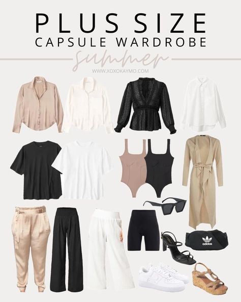 An easy plus size summer capsule wardrobe you can put together! Apple Shape Outfits Plus Size, Travel Capsule Wardrobe Summer, Plus Size Capsule Wardrobe, Apple Shape Outfits, Shein Plus Size, Holiday Capsule Wardrobe, Plus Size Summer Fashion, Holiday Outfits Summer, Spring Summer Capsule Wardrobe