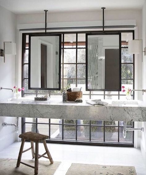 Bathroom ceiling mounted mirror in front of Windows - Christopher Architecture & -Interiors by Chris Reebals and Joanna Go… | Mirror ceiling, Bathroom rugs, Tan bathroom Bathroom Mirror Inspiration, Tan Bathroom, Black Mirror Frame, White Tile Floor, Revere Pewter, Bathroom Design Trends, Wall Mount Faucet, Bathroom Windows, Floating Vanity