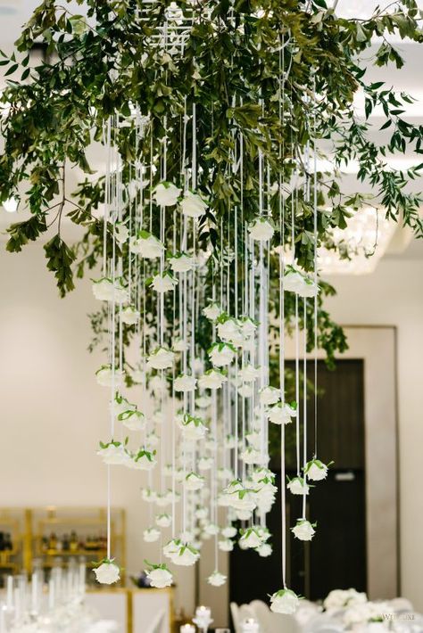 WedLuxe Magazine A Sweet Soirée Hanging Flowers Wedding, Rose Wedding Decorations, Hanging Centerpiece, Bouquet Party, Event Decorating, Boda Diy, Wedding Chandelier, Arch Decoration Wedding, Ribbon Wedding