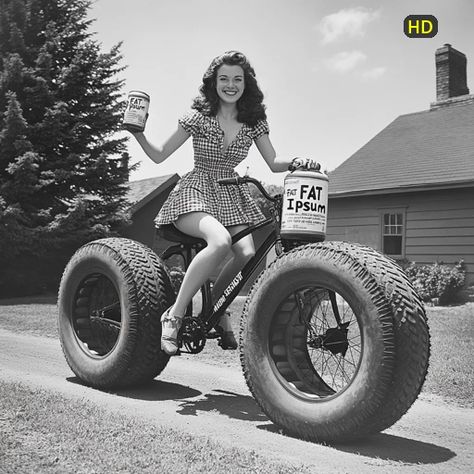 ↑↑ HD version on website. A black and white photo shows a smiling young woman with wavy hair sitting on a bicycle with oversized tires. She's wearing a gingham dress and sandals.  In her hands, she holds cans labeled "Fat Ipsum," a playful or fictional product name. The setting is a sunny suburban area with a house visible in the background.  The overall impression is one of lightheartedness and vintage advertising charm.wallpaper.webp Woman With Wavy Hair, Dress And Sandals, Smiling Woman, Art Creativity, Gingham Dress, White Photo, Vintage Advertising, Vintage Advertisements, Young Woman