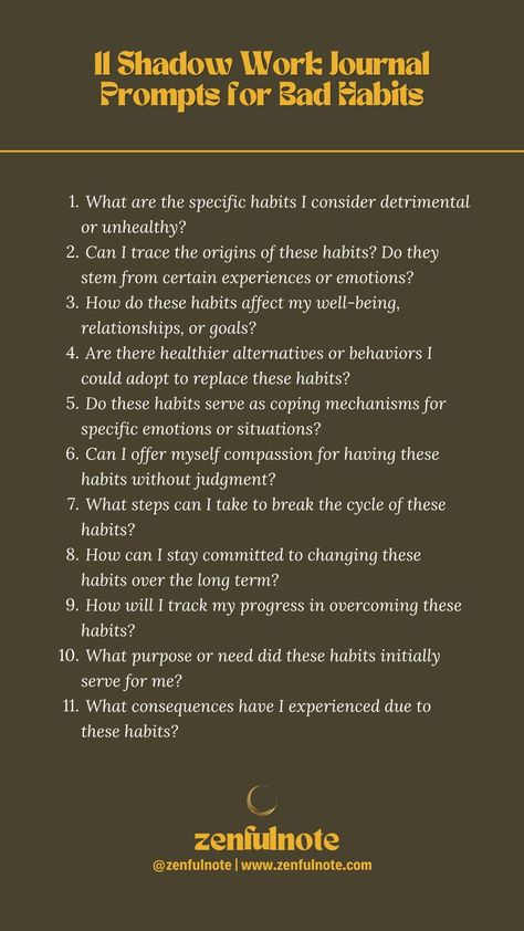 Approach these shadow work prompts with self-compassion and patience. Breaking habits is a gradual process, and shadow work can provide valuable insights to facilitate positive change. Breaking Habits, Shadow Work Prompts, Work Journal Prompts, Shadow Work Journal Prompts, Group Therapy Activities, Shadow Work Spiritual, Shadow Work Journal, Healing Journaling, Working On Me
