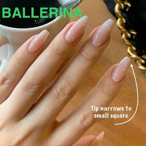 Nails shape Ballerina Nail Shape, Nail Shape Chart, Matte Nails Glitter, Ballerina Nails Shape, Nailart Tutorial, Ballerina Nail, Nails Shape, Long Natural Nails, Plain Nails