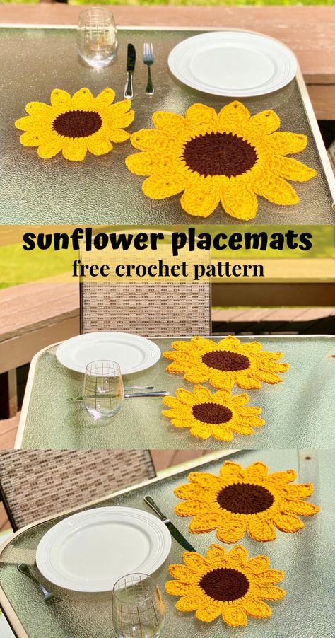 Sunflowers always look so happy! They’re the perfect touch to any decor for summer or fall – or any season if you just happen to love sunflowers! These sunflowers placemats are easy to make and are perfect on the dining room table or on the table on your deck or patio. What a fun way to make any meal just a little bit prettier! #sunflowerplacemats #crochetplacemats #crochetsunflower #tablesetting #patiodecor #crochethomedecor #tablesetting #crochetflower #sunflowercrochetpattern #videotutorial Sunflower Placemats, Kitchen Crochet, Crochet Sun, Crochet Placemat Patterns, Crochet Coasters Free Pattern, Crochet Placemats, Crochet Flowers Free Pattern, Crochet Coaster Pattern, Placemats Patterns