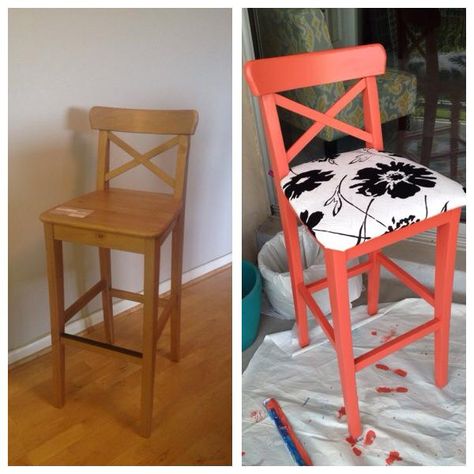 This one is my own!  super happy with how it came out.   ikea ingolf bar stool hack   :-) Ingolf Bar Stool, Refurbished Bar Stools, Barstool Makeover, African Weaving, Bar Stool Makeover, Painted Bar, Painted Bar Stools, Diy Bar Stools, Ikea Bar