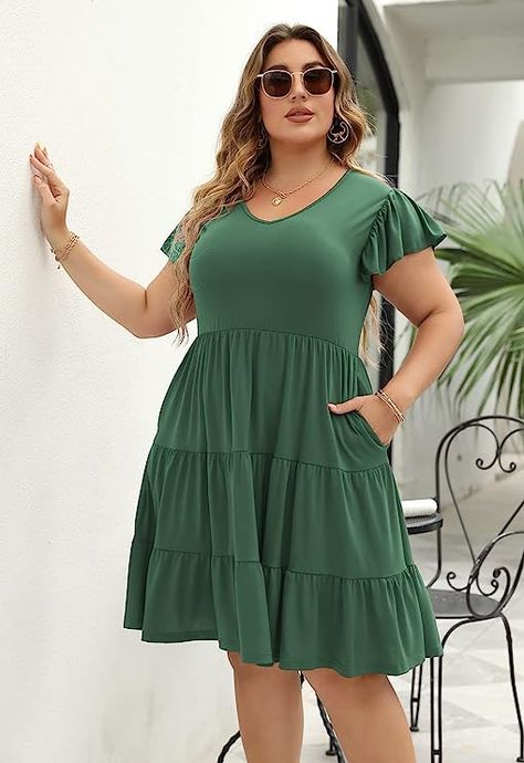 Size: Please check with the size chart we provide about this plus size trendy t-shirt dress for more details to select your size. If there are any questions, please contact us freely. Features: The plus size knee-length dress has V neckline, puff sleeves, elastic waist and flowy layered hem, which can lengthen your neck curve, flatter your figure and show your feminine charm. The pleated waist at the front also hides the belly.​​ Perfect fit Midi Dress With Pockets, Loose Midi Dress, Plus Size Trendy, Stylish Short Dresses, Summer Fashion Dresses, Curvy Dress, Casual Summer Dresses, Smock Dress, Dress With Pockets