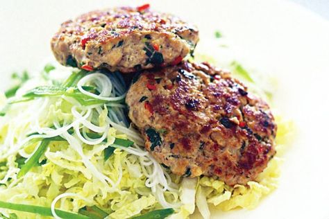 Thai flavoured pork rissoles with noodle salad Pork Rissoles, Rissoles Recipe, Pork Mince Recipes, Tasty Thai, Noodle Salad Recipes, Dinner Today, Mince Recipes, Ultimate Kitchen, Noodle Salad