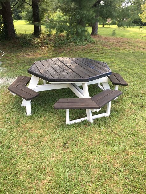 Diy Luxury Picnic Table, Hexagon Picnic Table Plans, Park Picnic Table, 2 Person Picnic Table Plans, Octagonal Picnic Table, Picnic Table Makeover, Diy Wood Bench, Exterior Furniture, Creative Woodworking