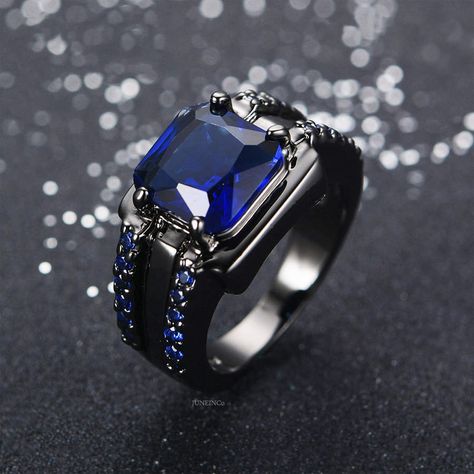 Sapphire Signet Ring - Black Gold Ring - CZ Ring - Promise Ring - Blue Ring - Wide Ring - Vintage Ring - Men Ring - Big Ring - ARB0074 by JUNEINCo on Etsy Black Gold Wedding Rings, Emerald Wedding Band, Black Gold Wedding, Luxury Engagement Rings, May Birthstone Rings, Big Stone Ring, Ring Man, Black Gold Jewelry, Trendy Ring