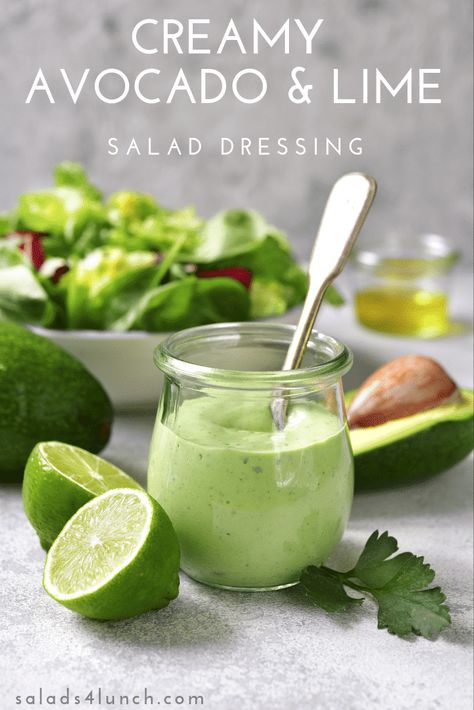 Creamy Avocado and Lime Salad Dressing Lime Coleslaw Recipe, Keto Dip, Avocado Keto, Avocado Dressing Recipe, Lime Salad Dressing, Avocado Lime Dressing, Creamy Avocado Dressing, Easy Low Carb Snacks, Keto Sauces