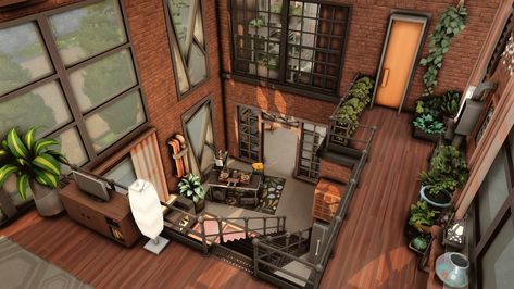 Converted Warehouse Home - The Sims 4 Rooms / Lots - CurseForge Loft Apartment Outside, Sims 4 Houses Industrial, Industrial Home Sims 4, Sims 4 Loft Ideas, Sims 4 Penthouse Build, Industrial Sims 4 House, City Living Apartment Sims 4, Sims 4 Apartment Exterior, Sims 4 Warehouse