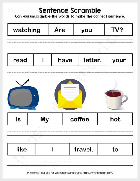 These worksheets include sentence scrambling as well as writing practice. You can write them in cursive or in regular way.Please download the PDF Unscramble the Words and Write the Sentences-exercise 4 Writing Sentences Kindergarten, Writing Sentences Worksheets, Common App Essay, Writing Complete Sentences, Making Sentences, Sentence Scramble, English Worksheets For Kindergarten, Grammar For Kids, Kindergarten Reading Worksheets