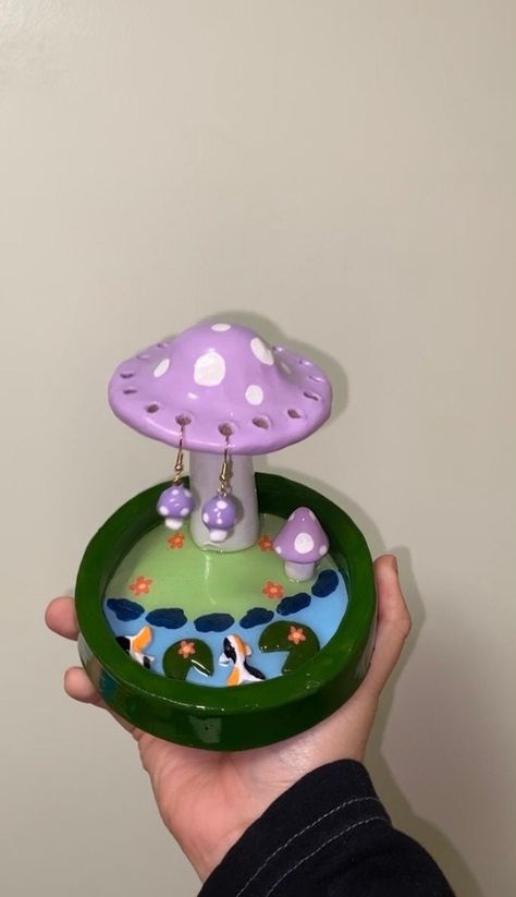 Handmade Clay Jewelry Tray (earrings not included) Clay Mushroom Trinket Dish, Clay Art Design, Air Dry Clay Makeup Brush Holder, Adventure Time Clay Ideas, Polymer Clay Earring Holder, Clay Sculptures & Statues, Clay Crafts Jewelry Holder, Cute Clay Jewelry Tray, Baked Clay Crafts