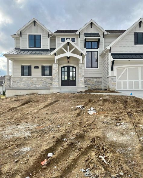 Stone House With Cedar Shakes, Shingles And Stone Exterior, Cream Colored Vinyl Siding Houses, Houses With Shingle Siding, Board And Batten Cedar Shake, House Front Gable Design, Dessert Stone Lp Siding, Herringbone Siding Exterior, Brick And Stone Craftsman Exterior