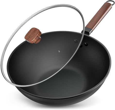 Jobin 33cm/5.6L Non Stick Wok with Lid Carbon Steel Frying Pan No Chemical Coated and Large Capacity for Cook Asian Dishes for 4-6 People, Ideal for Induction, Gas, All Hobs : Amazon.co.uk: Home & Kitchen Carbon Steel Wok, Healthy Meals To Cook, Non Stick, Asian Dishes, Frying Pan, Pots And Pans, Frying, Healthy Cooking, Wood Handle