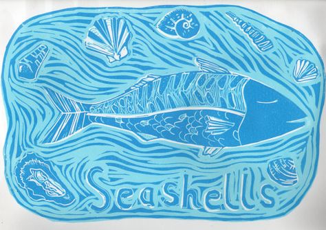 Fish print seashells lino print Kitchen Artwork, Seaside Town, Living Ideas, Seaside Towns, Fish Print, The Seaside, Lino Print, Linocut Prints, Paper Print